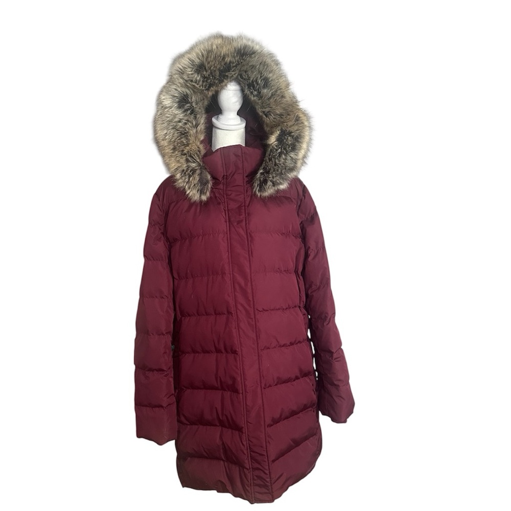 Lands' End Womens XL Down Puffer Coat Faux Fur Hood Maroon HyperDry 600 Fill NWT